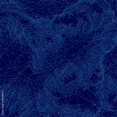 A blue background features a wireframe map of the mountain, composed of white lines and dots forming a polygonal pattern. The design resembles a canyon-like structure with clean.