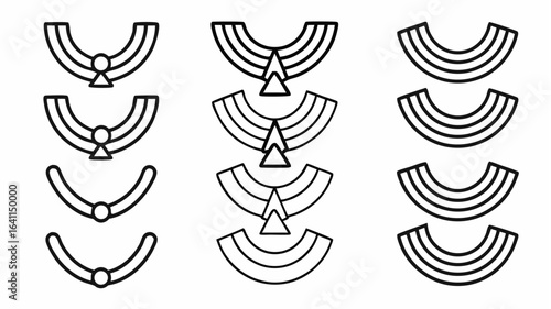 Illustration of nine different necklace designs featuring various shapes and line arrangements on white background |  editable eps vectors silhouette