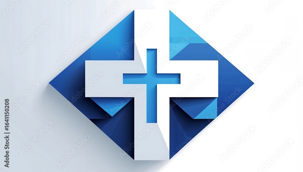Obraz premium Geometric hospital, cross symbol, clean white and blue
