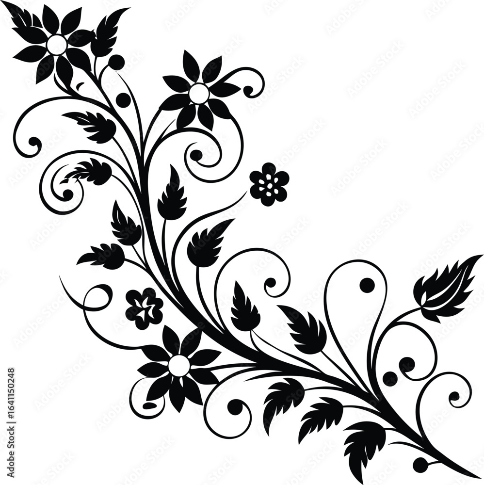 Vector art of stylized black floral motif with intricate swirls and leaves, isolated on white background, ideal for decorative borders and elegant graphic design