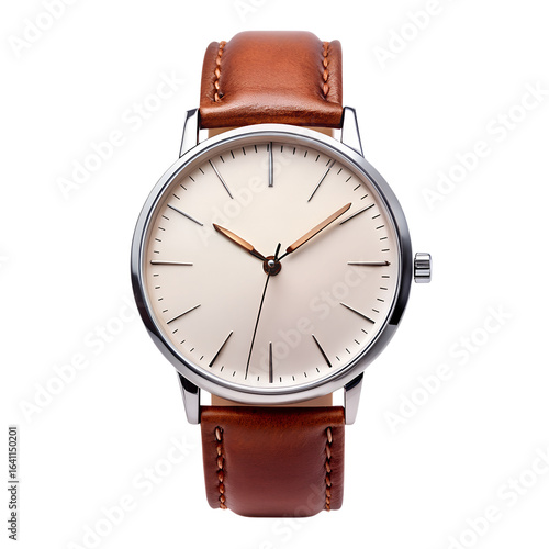 Minimalist men’s watch with brown leather strap isolated on transparent background