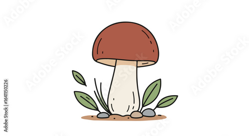 Illustrated Boletus Edulis Mushroom with Delicate Foliage and Small Stones, Perfect for Food Blogs, Culinary Designs, and Educational Material
