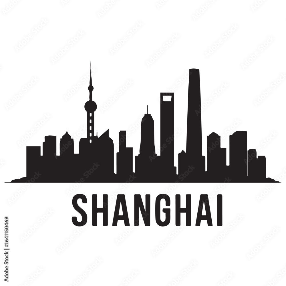 Obraz premium Shanghai skyline silhouette. Landscape Shanghai, China. Vector illustration. Vector black silhouette. with white background.