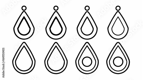 Eight teardrop shaped earring designs in two rows with different inner shapes in black and white line art |  editable eps vectors silhouette