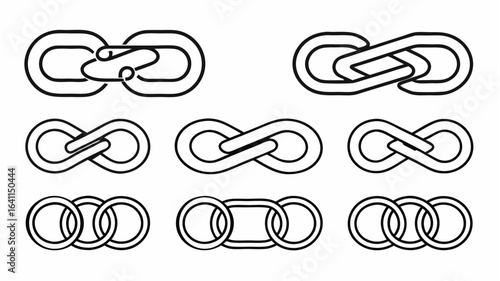 Collection of seven interlocking shapes resembling links and infinity symbols in black and white style |  editable eps vectors silhouette