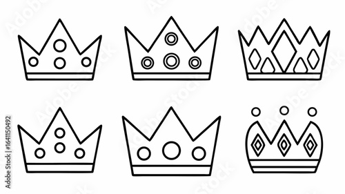 Six outlined crowns with different designs and shapes arranged in two rows on a white background |  editable eps vectors silhouette