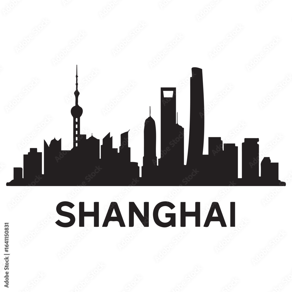Naklejka premium Shanghai skyline silhouette. Landscape Shanghai, China. Vector illustration. Vector black silhouette. with white background.