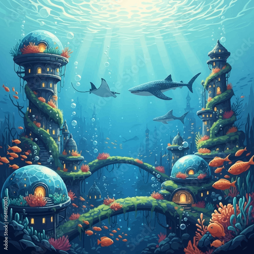 Underwater city with buildings coral and marine life like stingrays sharks and fish Light rays penetrate the blue water