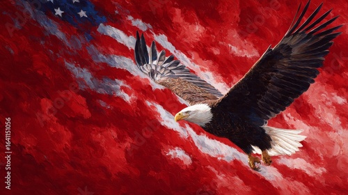 Majestic Eagle Soaring Against a Vibrant Red Backdrop with Stars and Stripes Symbolizing Freedom and Patriotism