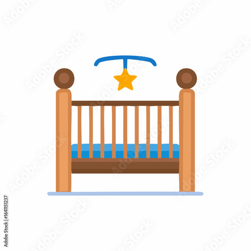 Cartoon illustration of a baby crib with mobile