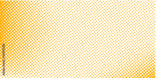 Yellow orange halftone pattern. Retro comic gradient background. Square pixilated dot cartoon texture. Pop art faded gradient pattern. Vector backdrop.