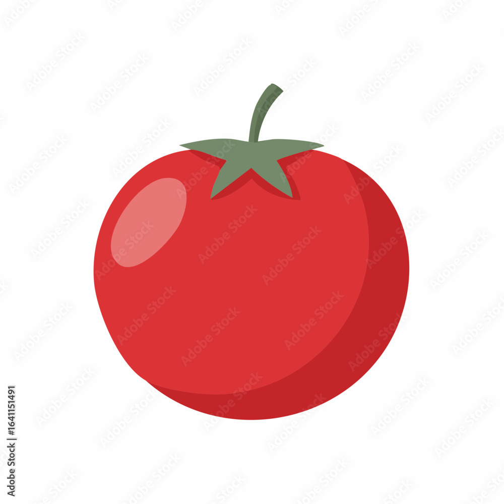 Simple red ripe tomato with green stem and leaves on white background Simple red ripe tomato with green stem and leaves on white background