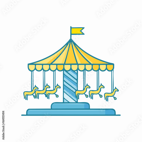 Cartoon Style Merry Go Round with Horses and Striped Pole for Illustration, Carnival or Fairground Fun