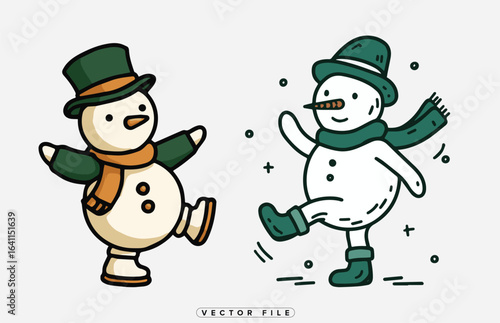 Cartoon illustration of dancing snowmen wearing hats and scarves on white background