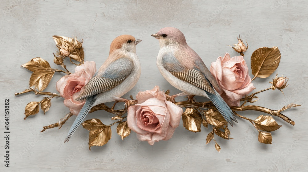 Obraz premium Two pastel-colored birds perched among elegant golden branches with pink rose blossoms