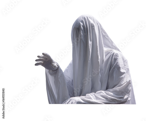 Mysterious figure in white cloak reaching out in a haunting gesture