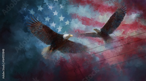 Majestic Eagles Soar Against a Patriotic Flag Backdrop Symbolizing Freedom and Independence