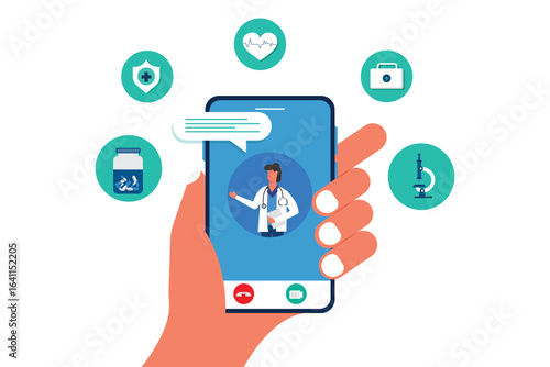 Online doctor's consultation on a smartphone. male doctor on a smartphone. Hand holds the smartphone