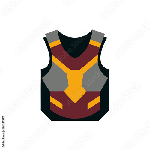 Illustration of a futuristic vest with yellow and maroon trim