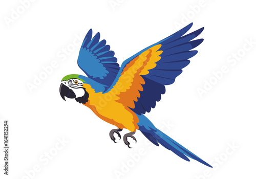 A vibrant blue and yellow macaw parrot in flight, wings outstretched, against a white background.