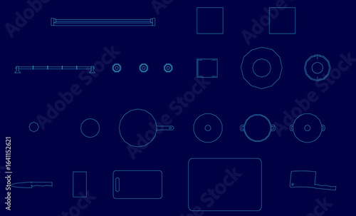 A set of detailed blueprints on a blue background displays various shapes and sizes for restaurant props and assets. The contour lines highlight precise measurements and design elements.