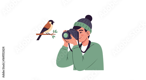 Vector Illustration of a Photographer Capturing a Bird on a Branch, Ideal for Photography Courses, Wildlife Conservation Campaigns, and Nature Photography Blogs