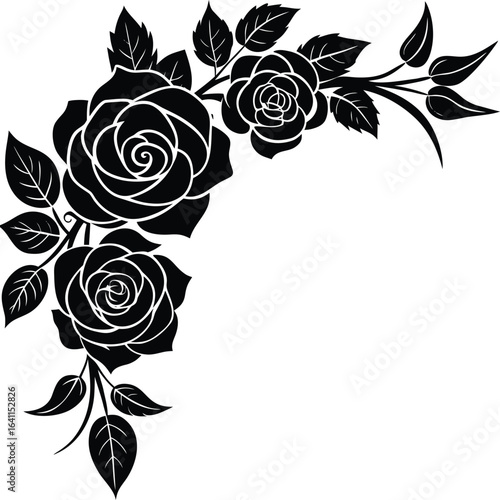 Vector art of black silhouette of two roses with swirling leaves and vines, isolated on a white background, elegant floral design element