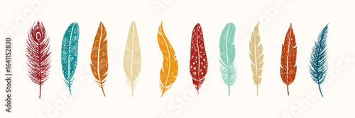 Bird feathers drawn with color crayon pencils. Pastel sketch of colored peacock, chicken, bird plumes. Set of boho feathers, quills with pattern and crayon or chalk texture, vector illustration