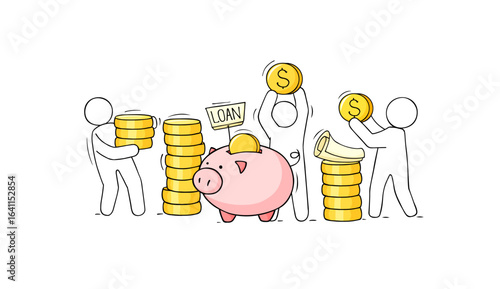 Concept of money savings in money box with people. Cartoon illustration dollars in piggy bank with stacks of coins. Vector hand drawn finance icon