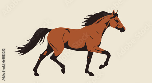 A chestnut horse gracefully canters, its dark mane and tail flowing.