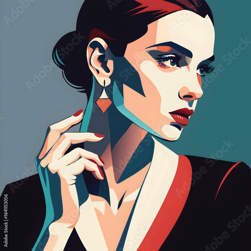 Fashion Vector of Woman Touching Earring with Lips Parted – Stylish Illustration Design