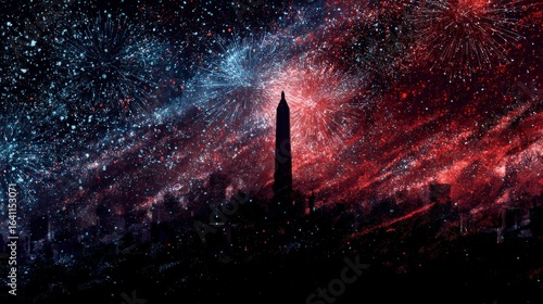 Spectacular Monument Silhouette Against Vibrant Fireworks Illuminating Night Sky in a Festive Urban Celebration