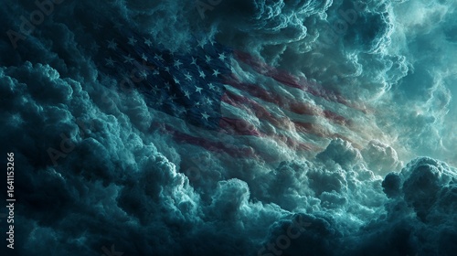 Mystical American Flag Amidst Enigmatic Cloudscape: A Symbolic Exploration of Patriotism and Mystery