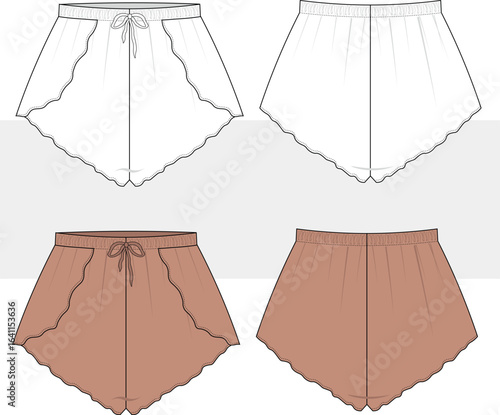 Woman high waist drawstring flared short fashion technical drawing, illustration. Front and back view, CAD, Mockup set.
