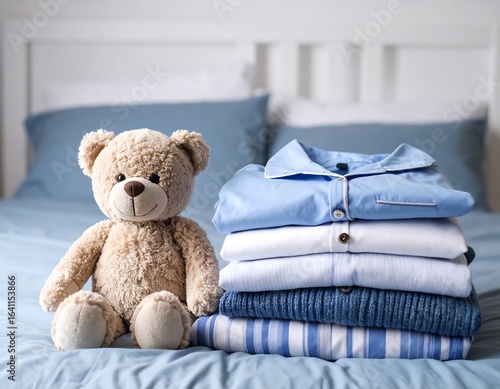Soft teddy bear and neatly folded clothes on a bed