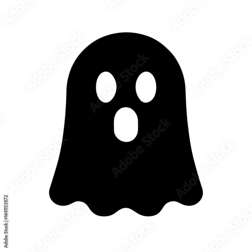 A spooky ghost with wide eyes and an open mouth, illustrated in solid black silhouette. Represents a classic Halloween ghost ready to scare