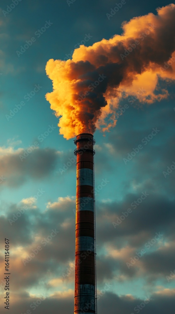 Obraz premium Smoke coming out of a tall industrial chimney against sunset, abstract background.