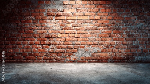 Dramatic Brick Wall Background with Concrete Floor for Studio Photography or Product Presentation