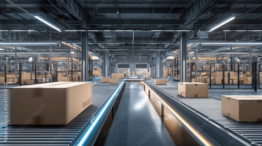 Fototapeta premium Automated Conveyor System Moving Cardboard Boxes in a Modern Distribution Warehouse for Efficient Logistics