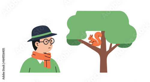 Cartoon Illustration of a Man Observing a Squirrel in a Tree, Suitable for Educational Content and Wildlife Awareness Campaigns.