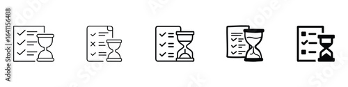 Checklist and Hourglass Icon Set – Tasks, Time Management, Planning, Checklist and Hourglass Icons, Flat outline checklist and hourglass icon set representing tasks, time management, project planning