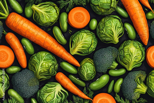 Fresh vegetables background. Broccoli, brussels sprouts, carrots and beans. Cartoon style