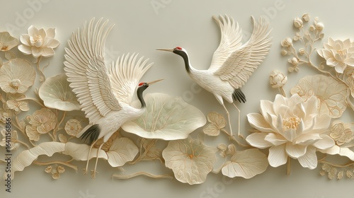Elegant cranes and lotus flowers in a 3D design