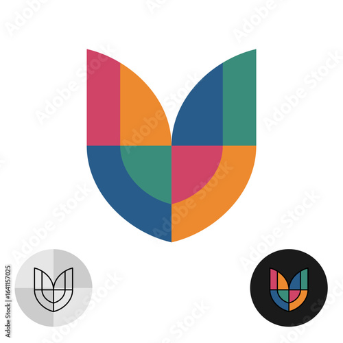 Colorful creative shield protection logo icon. Minimalist geometric style symbol of shield consist of contrast color elements. Stained glass vintage stylized sign of defence