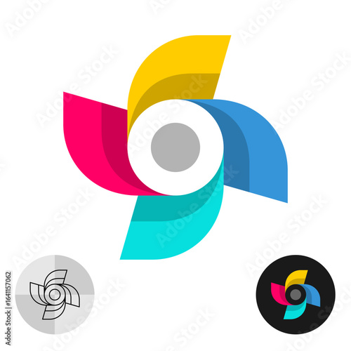 Colorful propeller logo icon. Fan blowing symbol with bright color blade elements. Minimalist geometric sign of rotation tech industrial or festive celebration attribute