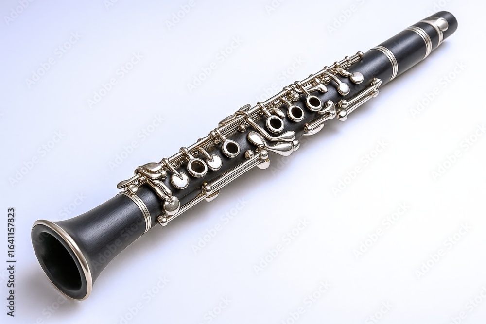 Naklejka premium Clarinet Close-Up: A Detailed Studio Shot of a Woodwind Instrument on White Background