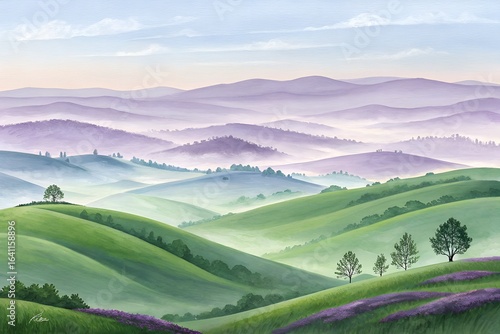 A breathtaking watercolor landscape of rolling green hills and mountains shrouded in soft purple mist at sunrise, with a serene and peaceful atmosphere