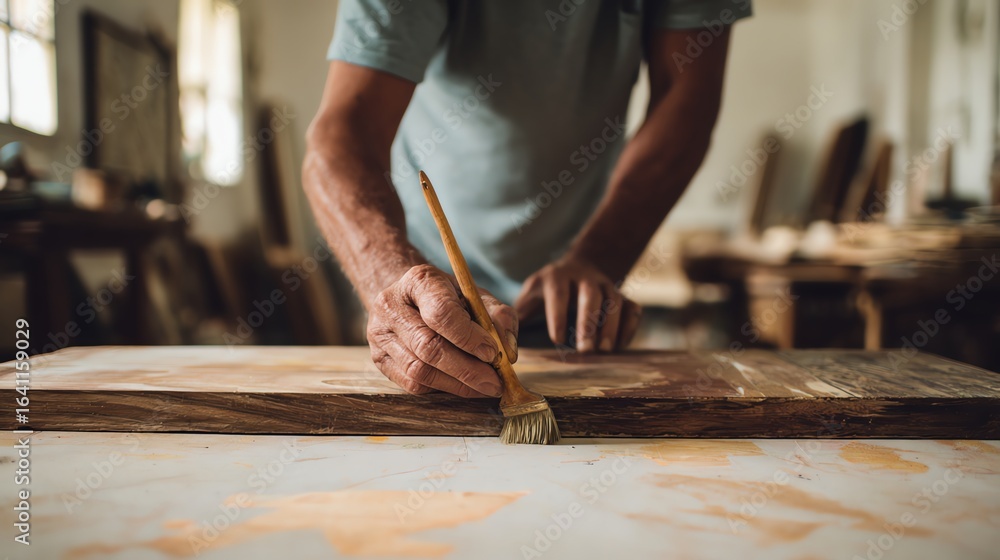 A person applies finish or varnish to a wooden surface using a paintbrush in a workshop setting. A person applies finish or varnish to a wooden surface using a paintbrush in a workshop setting.