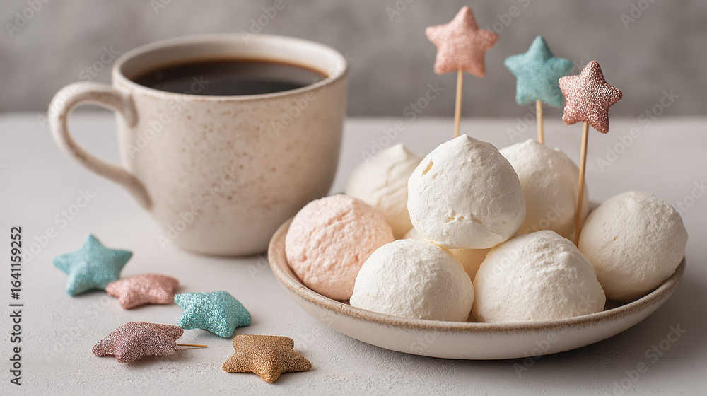 Fototapeta premium A delicious setup of homemade vanilla mini zephyr-marshmallows filled with rose jam, served with a refreshing coffee drink