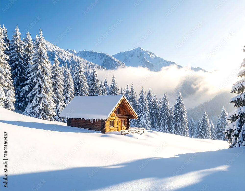 Fototapeta premium Snowy mountain scene with a cozy wooden cabin